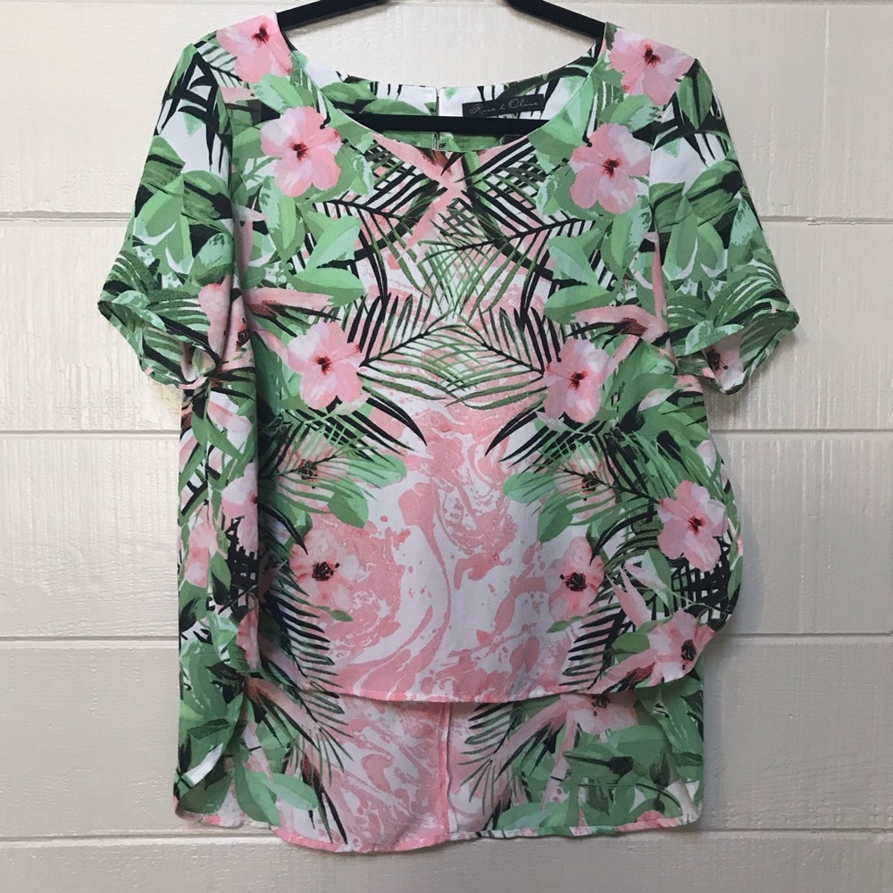 Rose & Olive • Side Split Pink Floral Tropical Top